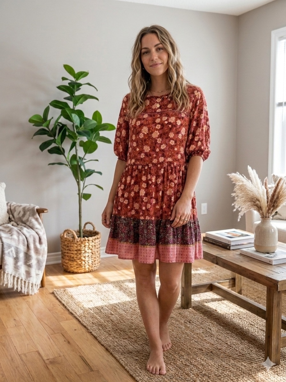 Knox Rose Rust and Pink Floral Tiered knee length Dress size Small